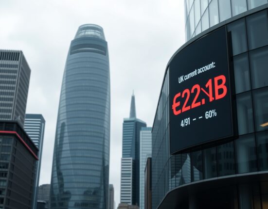 Digital display showing UK current account deficit of £22.1 billion in London financial district