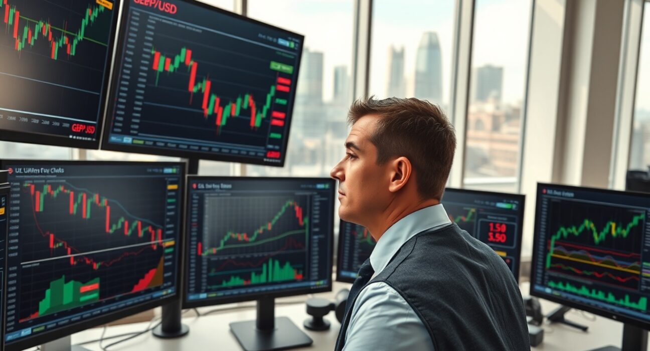 Financial analyst monitoring GBP/USD charts and UK economic data releases in London trading environment