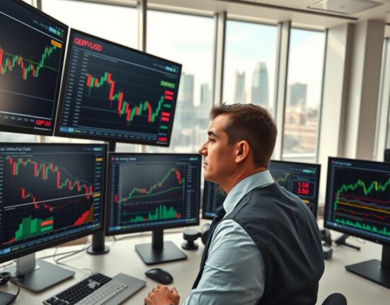 Financial analyst monitoring GBP/USD charts and UK economic data releases in London trading environment