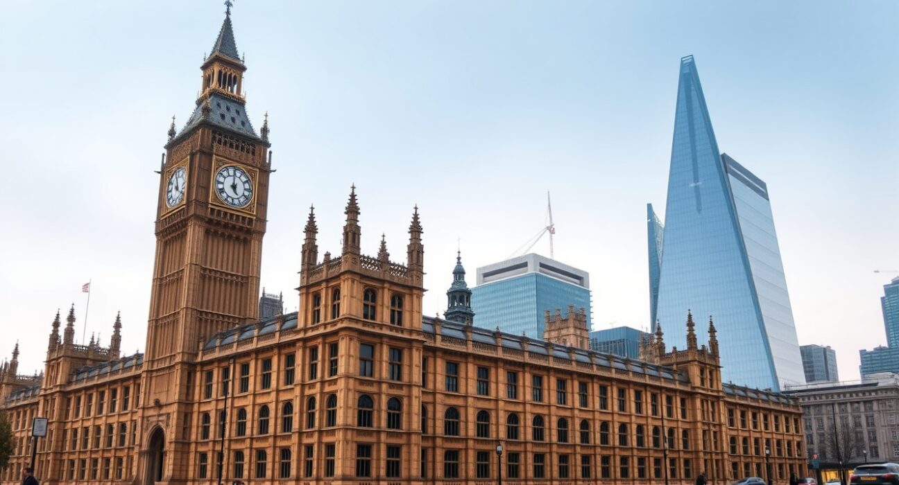 UK Parliament and London financial district skyline under overcast sky, representing devolution and economic policy analysis.