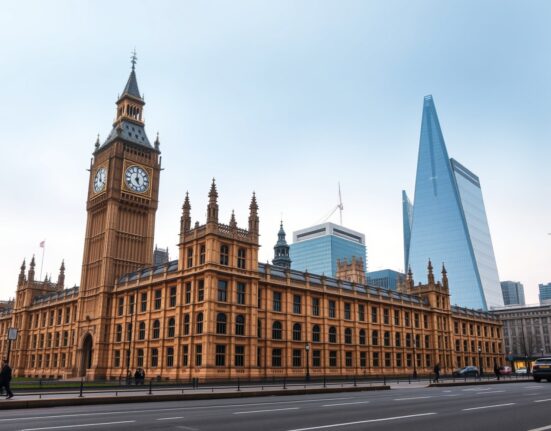 UK Parliament and London financial district skyline under overcast sky, representing devolution and economic policy analysis.