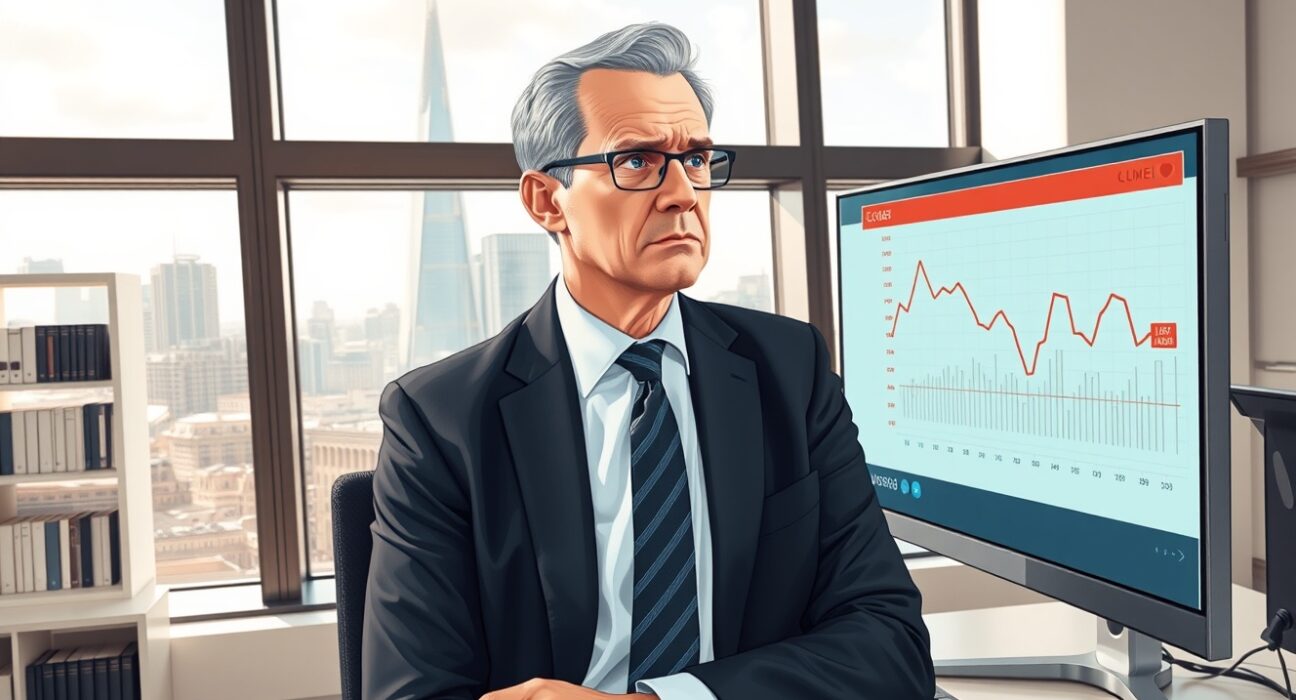 Deutsche Bank economist analyzing concerning UK economic growth data charts in London office