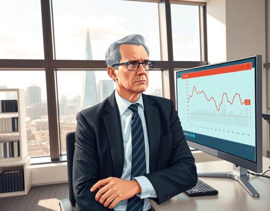 Deutsche Bank economist analyzing concerning UK economic growth data charts in London office