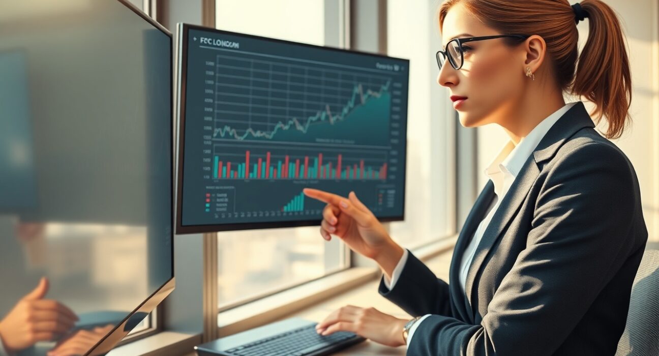 Economist analyzing UK economic data charts with a serious expression, representing Deutsche Bank's 2026 forecast.