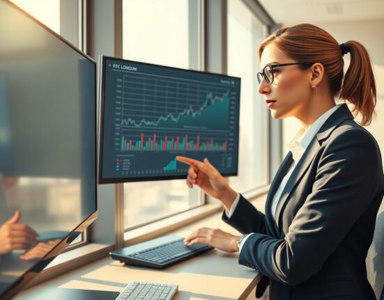 Economist analyzing UK economic data charts with a serious expression, representing Deutsche Bank's 2026 forecast.