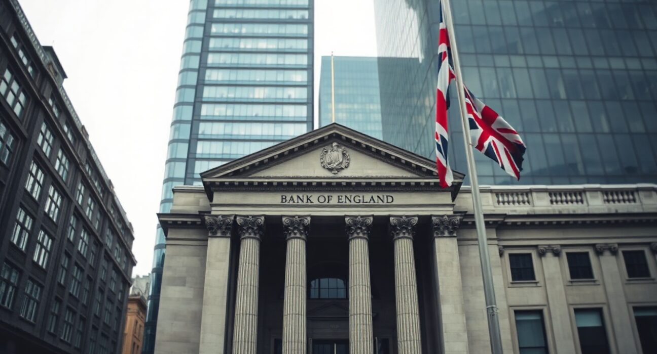 Bank of England building in London on an overcast day, symbolizing UK economic analysis.
