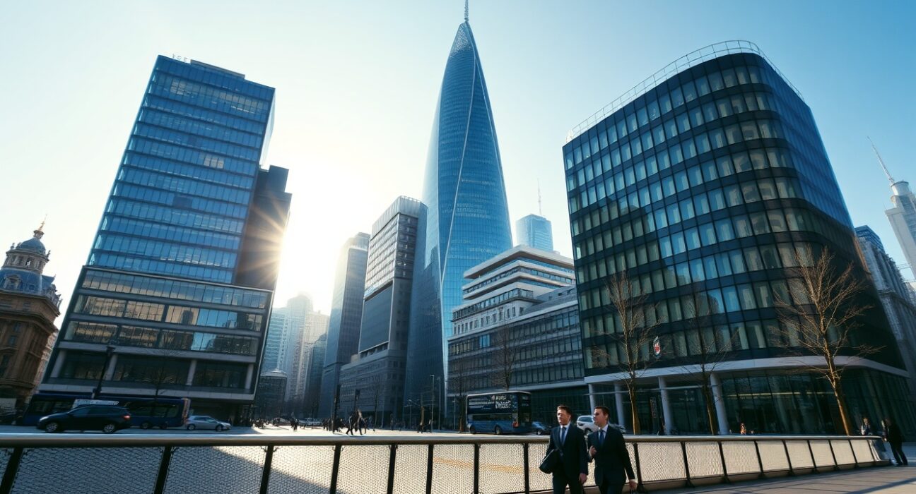 City of London financial district on a sunny spring morning representing UK economic growth