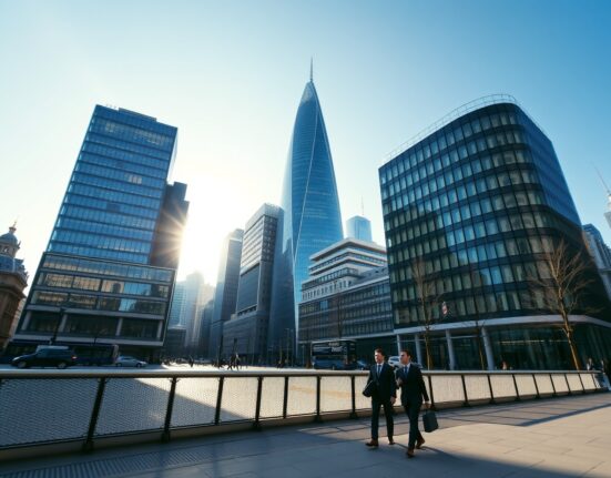 City of London financial district on a sunny spring morning representing UK economic growth