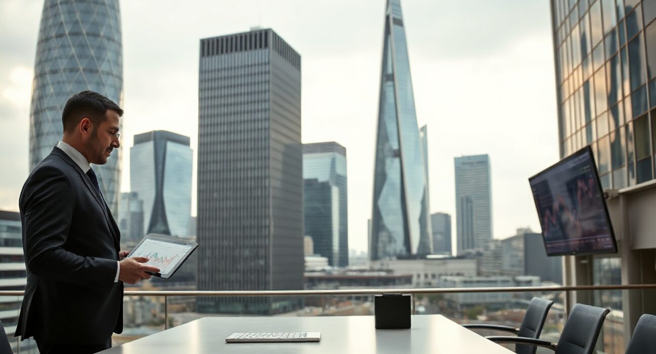 City of London financial district with analyst reviewing economic charts on a tablet