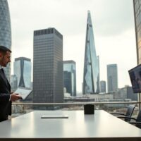 City of London financial district with analyst reviewing economic charts on a tablet