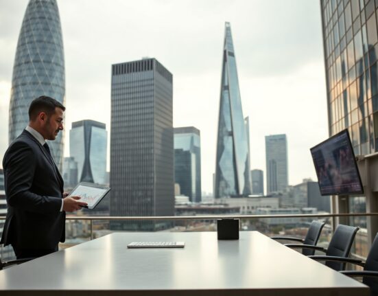 City of London financial district with analyst reviewing economic charts on a tablet