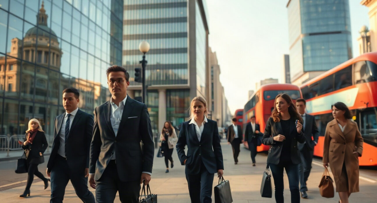 Professionals walking in London financial district during daytime