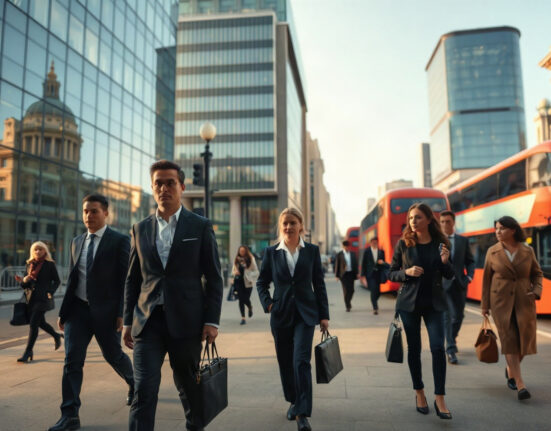 Professionals walking in London financial district during daytime
