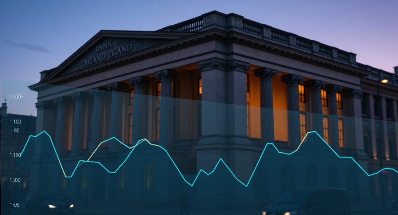 Bank of England building with energy and economic data overlay showing how energy scenarios influence monetary policy
