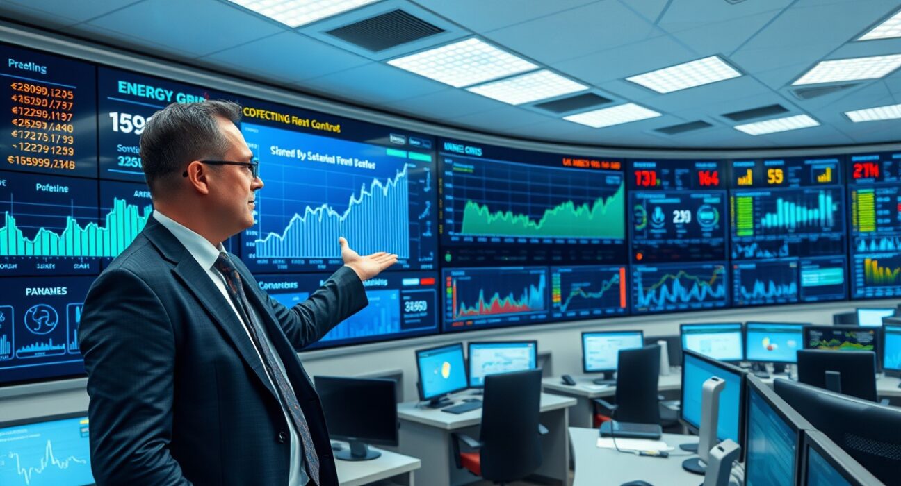 Energy analyst assessing UK growth risks from energy shock in Deutsche Bank control room