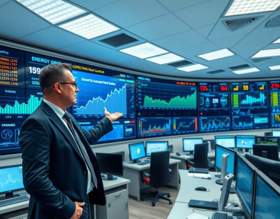 Energy analyst assessing UK growth risks from energy shock in Deutsche Bank control room