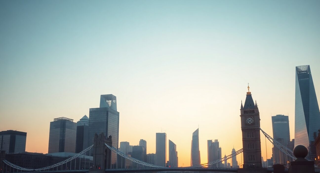 London financial district skyline at dawn symbolizing UK economic outlook and EU relations