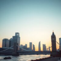 London financial district skyline at dawn symbolizing UK economic outlook and EU relations