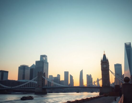 London financial district skyline at dawn symbolizing UK economic outlook and EU relations