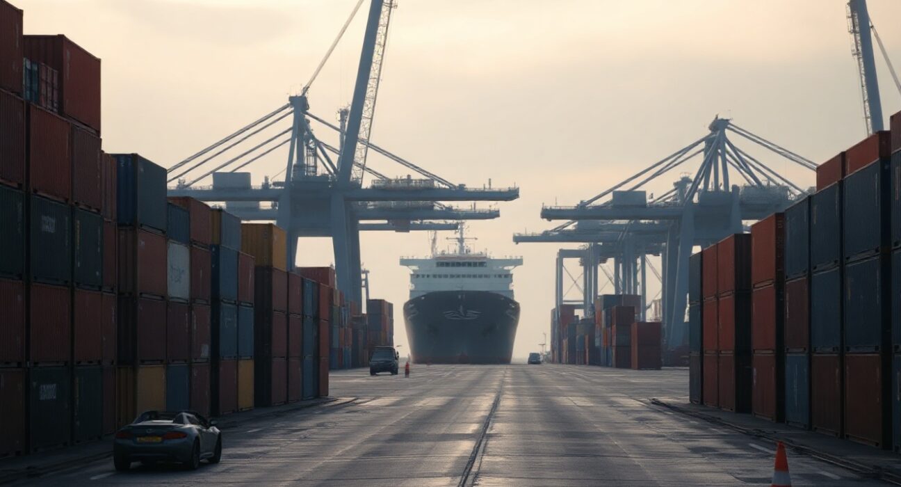 Container ship at a UK port with stacked cargo containers under overcast sky