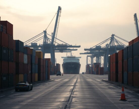 Container ship at a UK port with stacked cargo containers under overcast sky