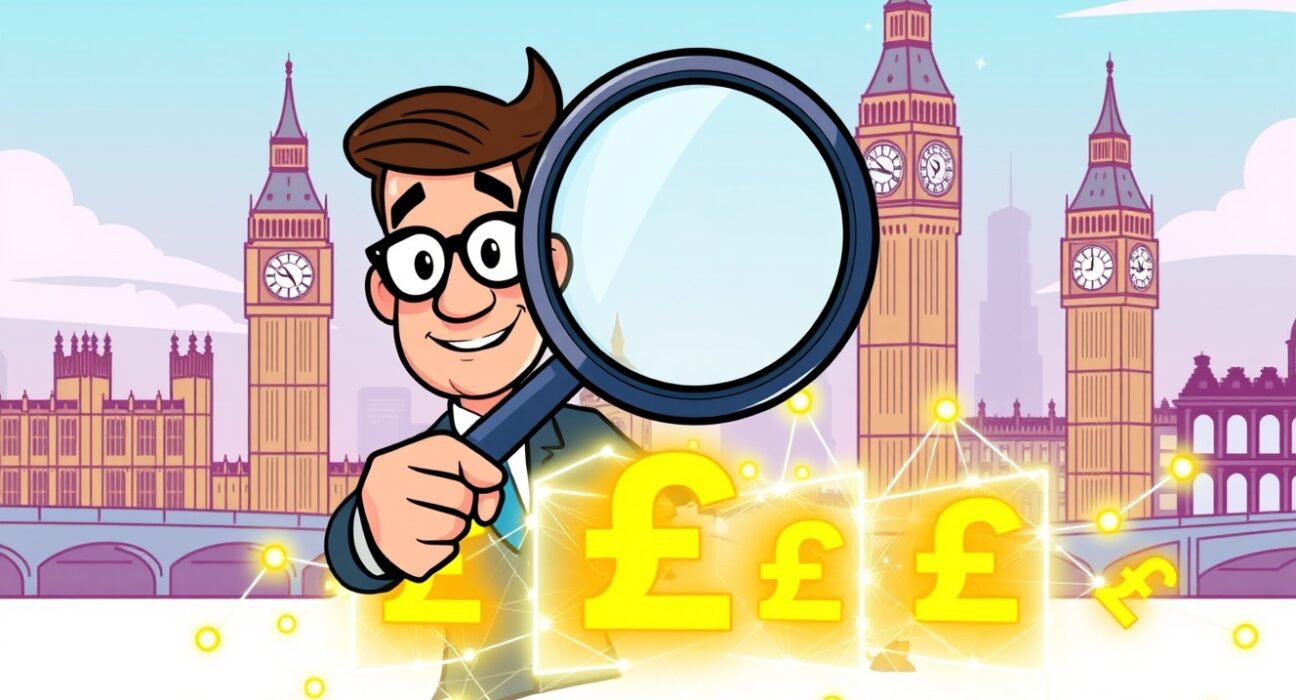 Cartoon illustration of UK crypto regulation as a regulator examines a vibrant blockchain network.