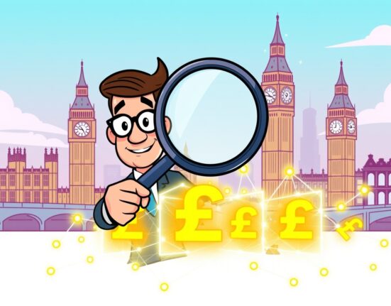 Cartoon illustration of UK crypto regulation as a regulator examines a vibrant blockchain network.