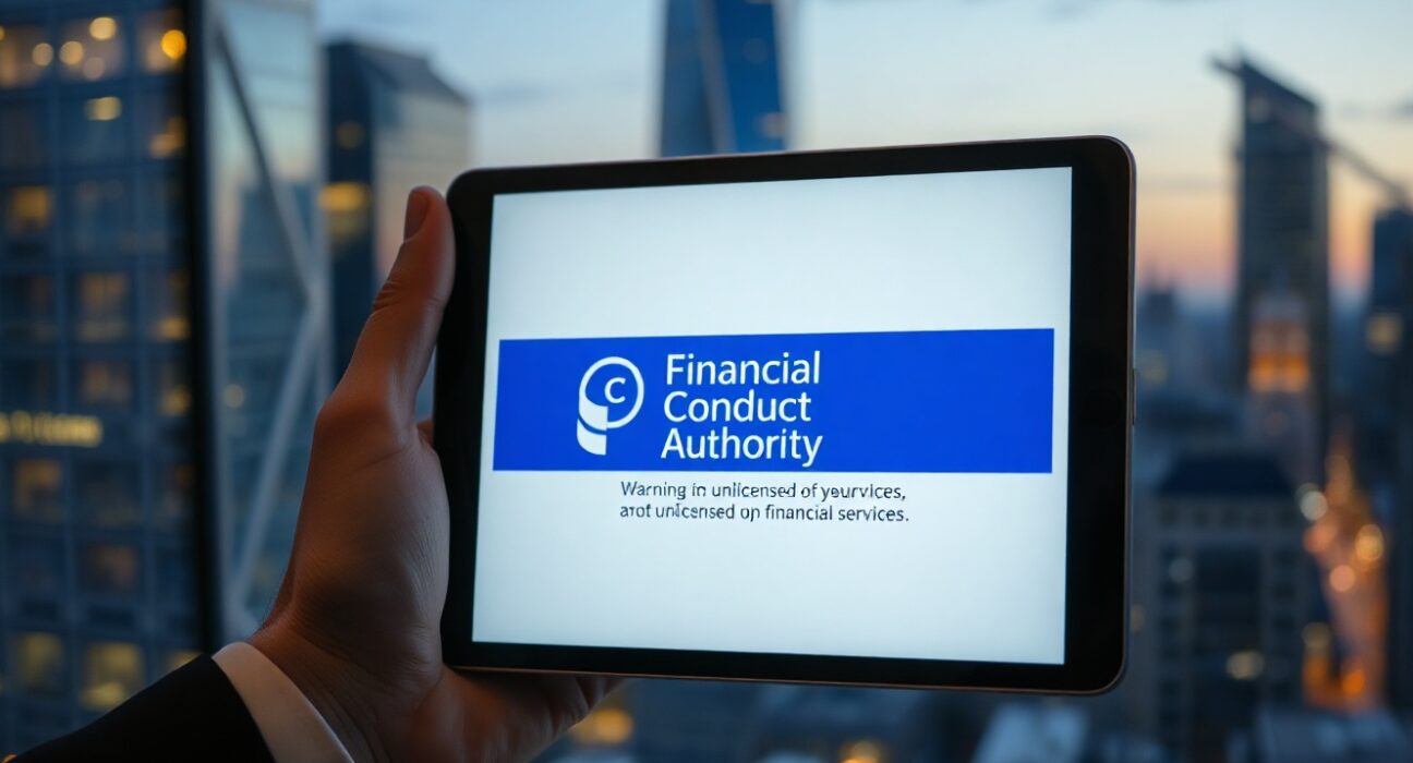 UK FCA warning on a tablet screen with financial district skyline in background