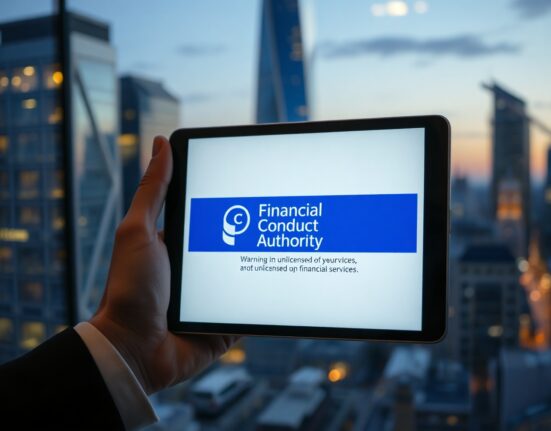 UK FCA warning on a tablet screen with financial district skyline in background