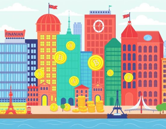 UK stablecoin sandbox facilitating regulated cryptocurrency innovation with digital coins and financial buildings