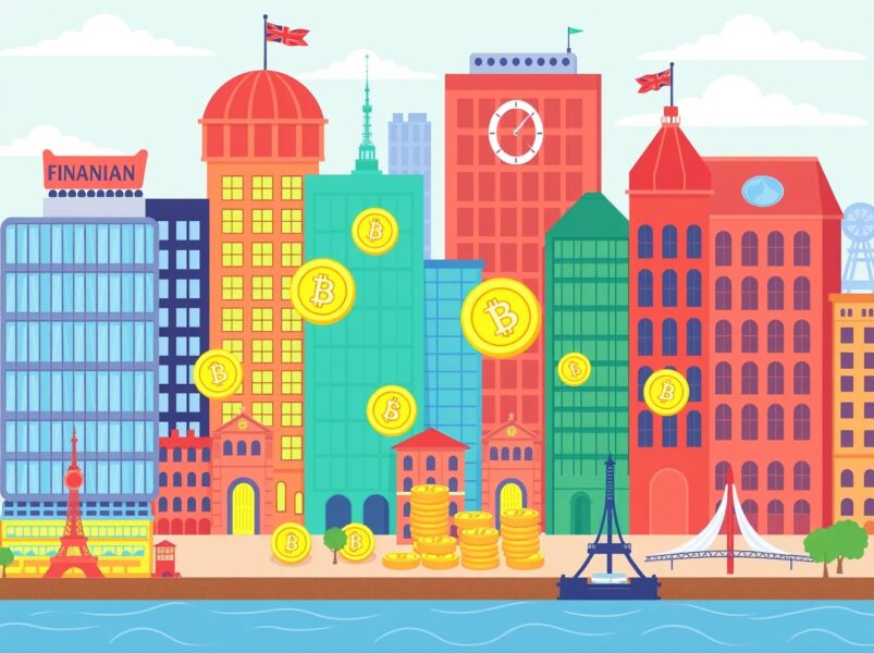 UK stablecoin sandbox facilitating regulated cryptocurrency innovation with digital coins and financial buildings