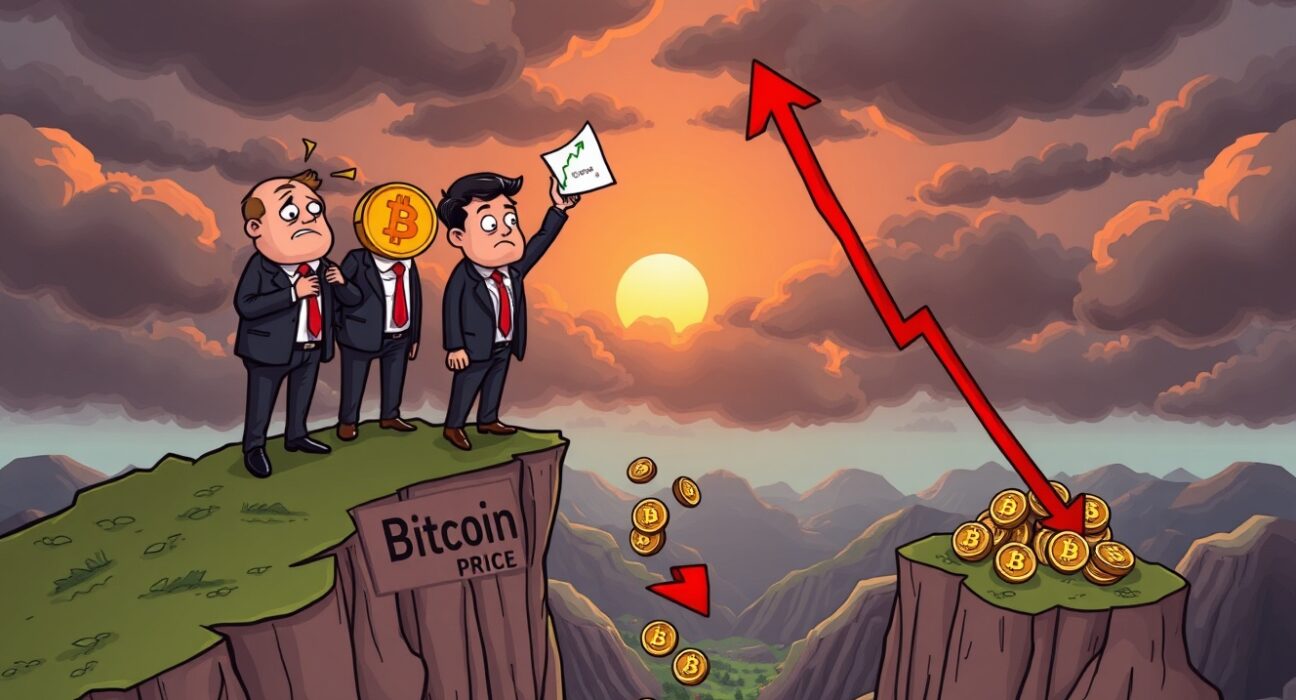Cartoon of UK businesses facing steep Bitcoin losses on a crumbling price cliff.