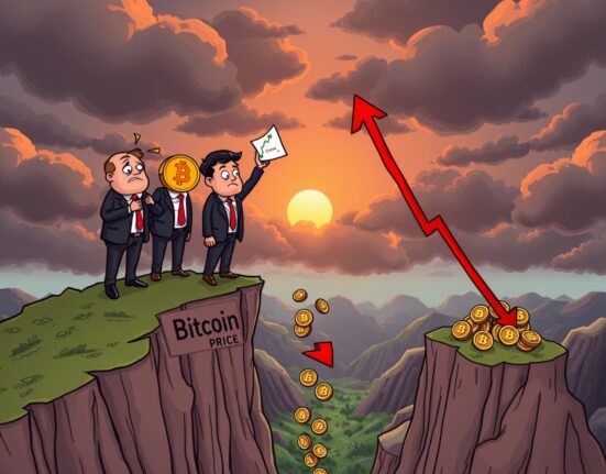 Cartoon of UK businesses facing steep Bitcoin losses on a crumbling price cliff.