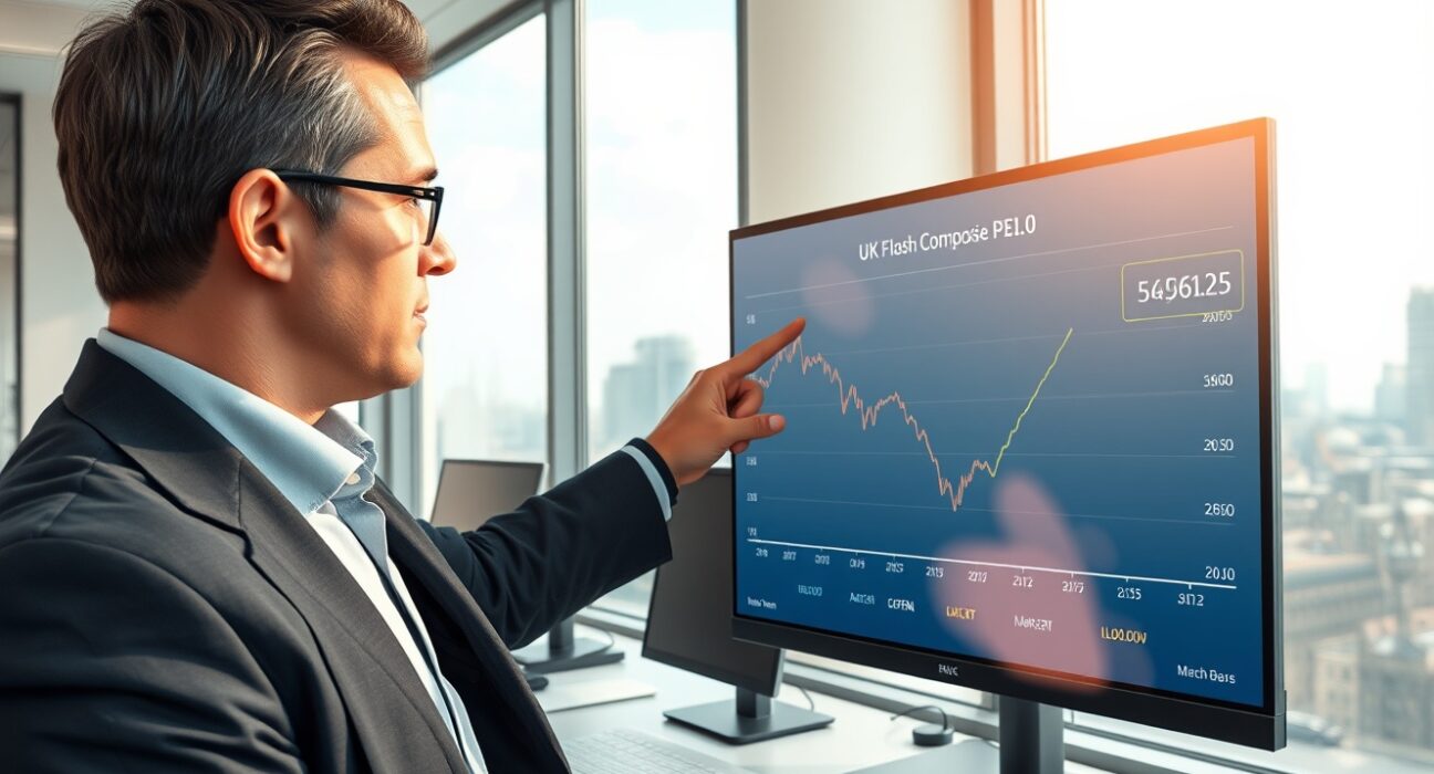 Economic analyst reviewing UK Composite PMI data showing March 2025 slowdown