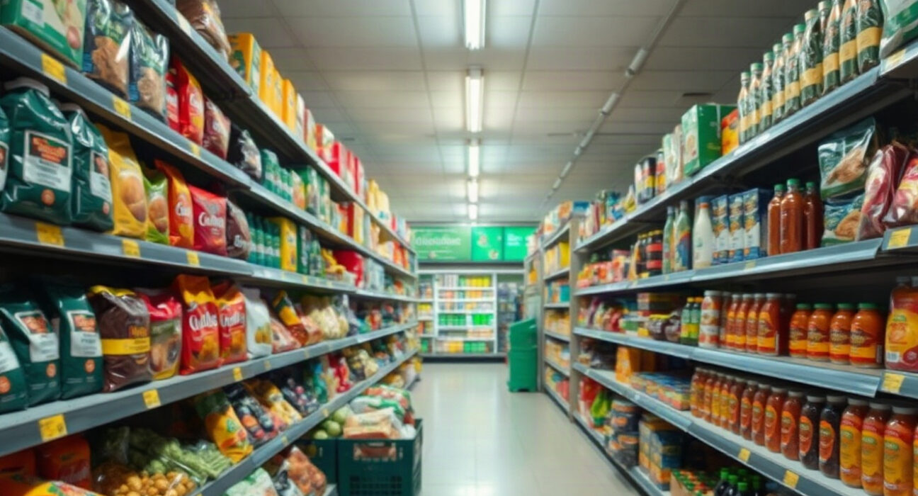 Shoppers in a well-stocked UK supermarket aisle, illustrating steady food prices