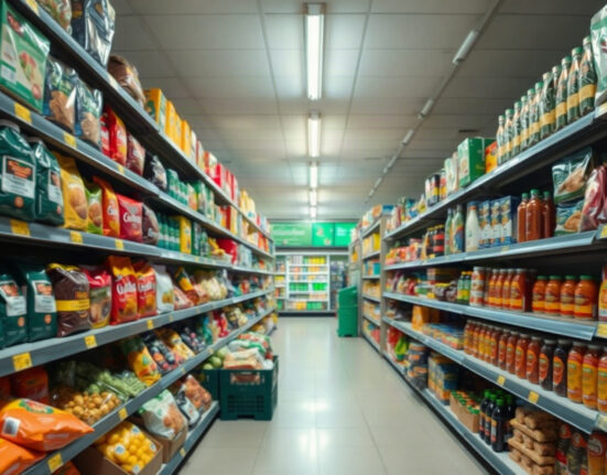 Shoppers in a well-stocked UK supermarket aisle, illustrating steady food prices