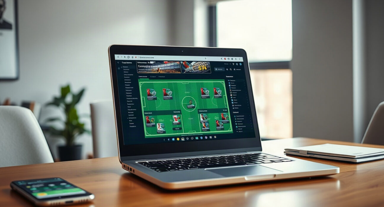 Laptop showing fantasy football dashboard with player cards, representing Sorare's NFT-based game.