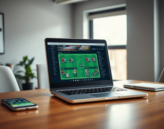 Laptop showing fantasy football dashboard with player cards, representing Sorare's NFT-based game.
