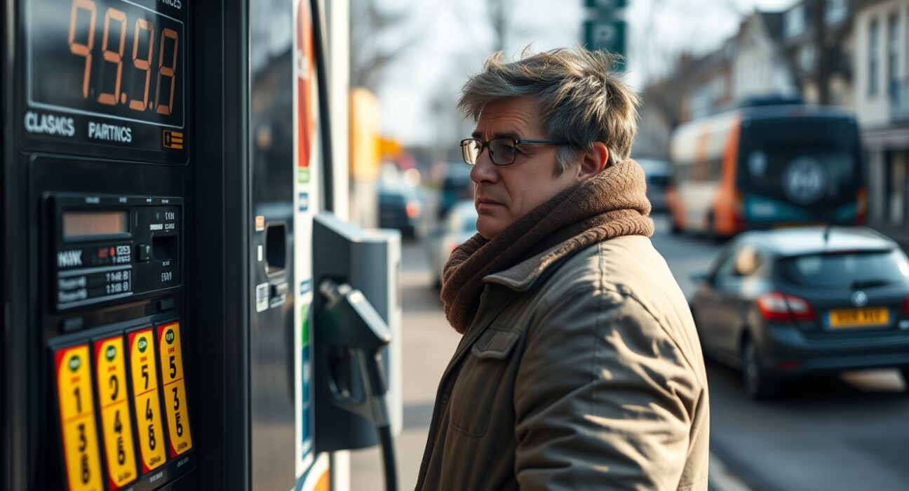 Concerned UK consumer at petrol station as rising fuel costs impact household budgets and economic confidence.