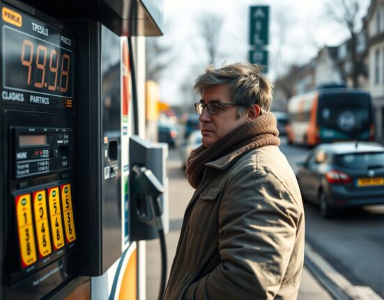 Concerned UK consumer at petrol station as rising fuel costs impact household budgets and economic confidence.