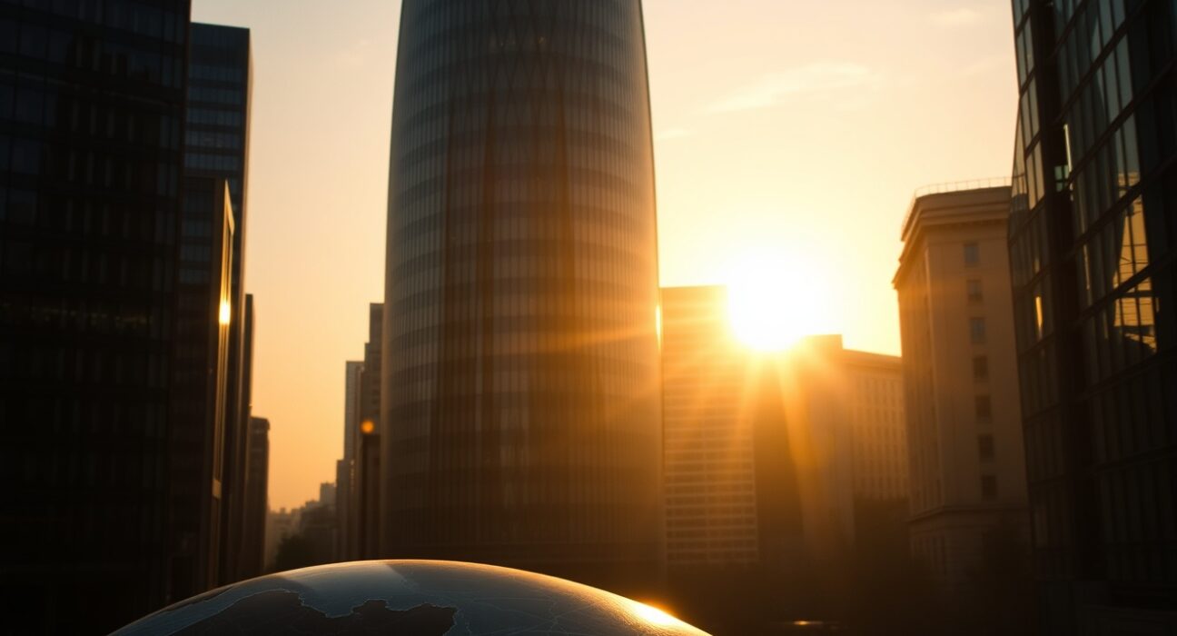 London financial district skyline at dawn with subtle geopolitical overlay symbolizing economic uncertainty