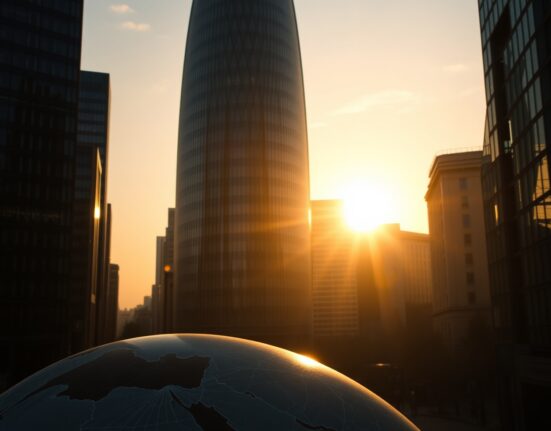 London financial district skyline at dawn with subtle geopolitical overlay symbolizing economic uncertainty