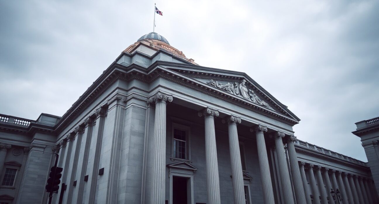 Bank of England building in London on a cloudy day, representing UK economic data and sterling reaction.