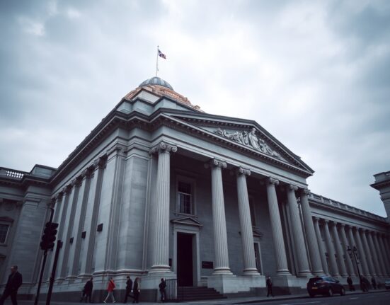 Bank of England building in London on a cloudy day, representing UK economic data and sterling reaction.