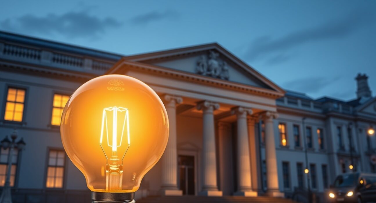 UK GDP growth analysis showing Bank of England building with energy constraints symbol.