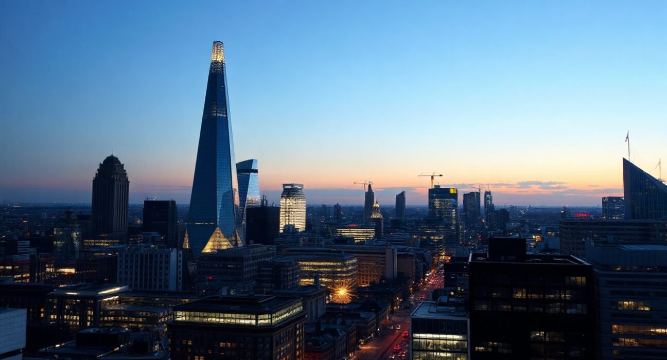 London skyline at dusk, representing UK economic growth and the services sector