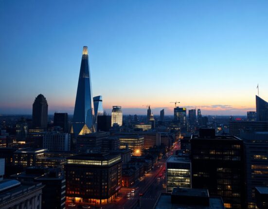 London skyline at dusk, representing UK economic growth and the services sector