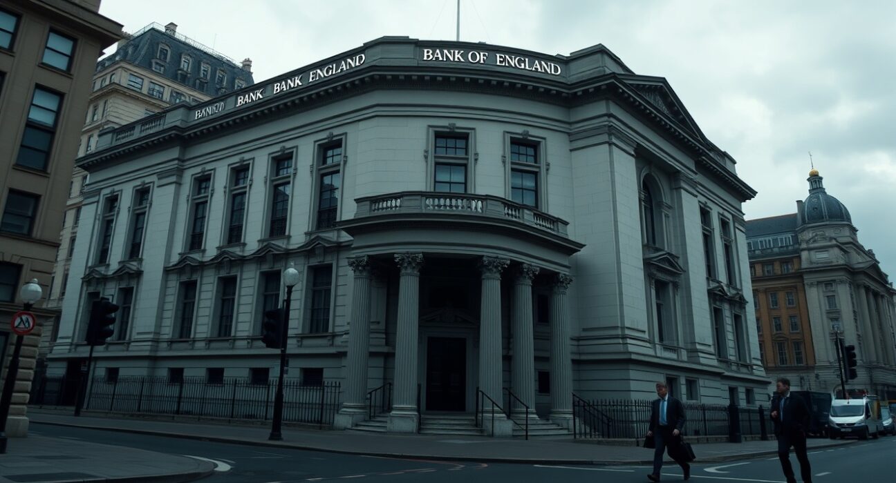 Bank of England building on a cloudy day with commuters walking in the foreground