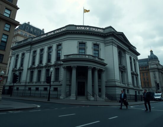 Bank of England building on a cloudy day with commuters walking in the foreground
