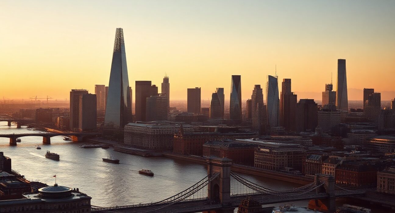 London skyline at sunset representing UK economic growth in Q2 2025
